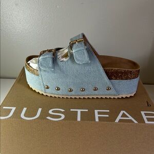 **NEW** JustFab Denim Blue Platform Slides with Gold Accents
